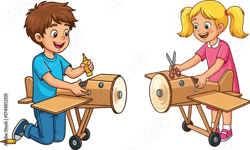 Children crafting cardboard airplanes, teamwork in classroom, DIY aviation project, hands-on learning, creative kids activity, scissors, glue, propeller, fun