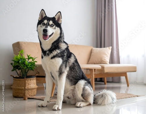 Siberian Husky sitting in a cozy modern living room