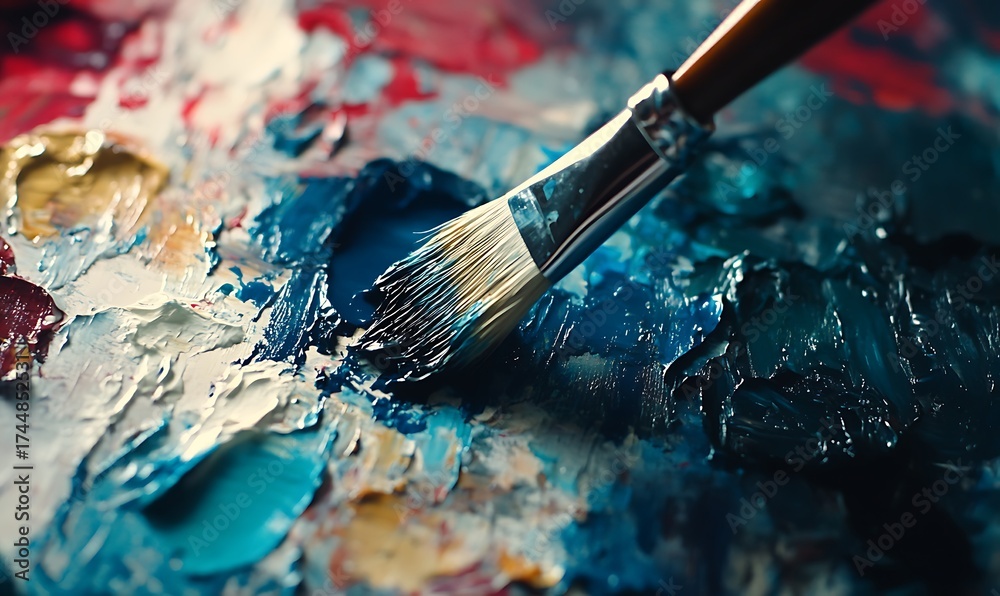 Fototapeta premium Close-Up of Paintbrush on Vibrant Color Palette. Generative With Ai