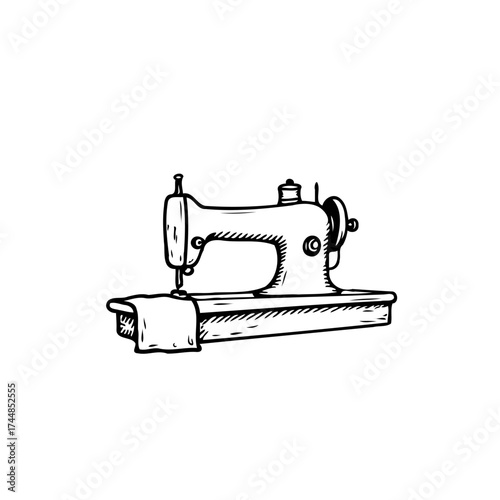 Vintage sewing machine drawing illustration black and white art craft tailor fabric and textile