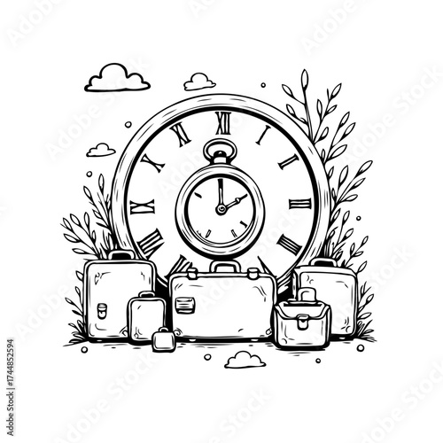 Vintage travel time illustration with suitcases and an antique clock showing time passing and