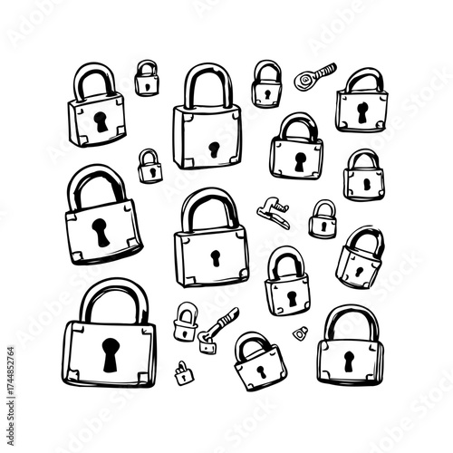 Whimsical assortment of hand-drawn padlocks and keys creates a playful security themed