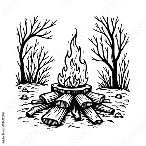 Whimsical Campfire Illustration with Woodpile and Bare Trees Creating a Cozy Outdoor Ambience