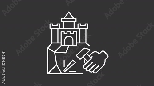 Animated ice castle white line icon. Creation of Christmas sculpture animation. Hand with gas burner making frozen fortress. Winter fun. Isolated element on dark background. Alpha transparent video