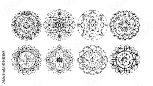 Intricate floral patterns in black and white showcasing vintage decorative designs for textile prints and artistic backgrounds with a timeless aesthetic appeal