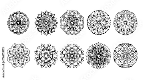 Collection of ten unique handdrawn floral mandala designs in black and white showcasing intricate patterns and artistic expression for creative projects