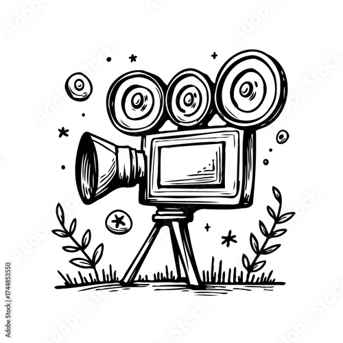 Whimsical filmography doodle showcases classic movie camera amidst stylized botanical