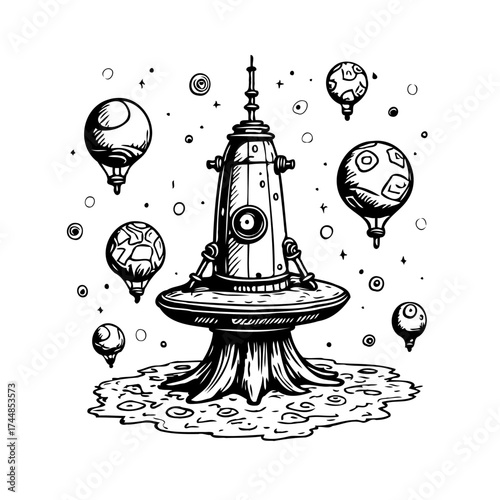 Whimsical extraterrestrial exploration depicting a distant planet and unique spacecraft with