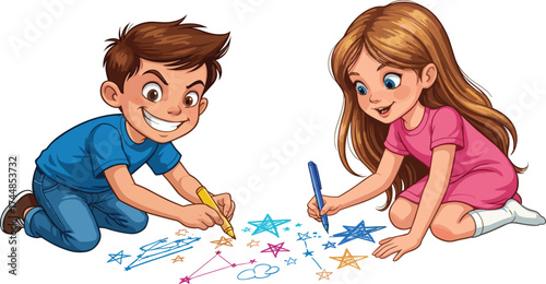 Children drawing stars, clouds, constellations, geometric shapes, teamwork, creativity, learning, imagination, floor art, DIY, preschool activity, fun, colorful, 