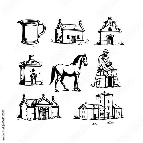 Whimsical Ink Drawings of Mugs, Houses, a Horse and a Sitting Figure Depicting a Quaint Artistic