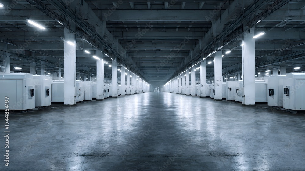 Obraz premium Vast industrial factory interior with rows of modern white hinery and bright ceiling lights