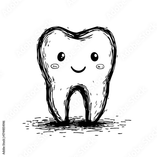Whimsical molar illustration with a charming smile promoting dental hygiene and care for children