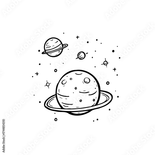 Whimsical planetary system illustration showcasing various celestial bodies and starry backgrounds