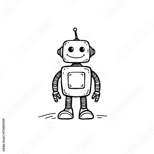 Whimsical robot doodle with boxy body antenna smile simple design for children illustration