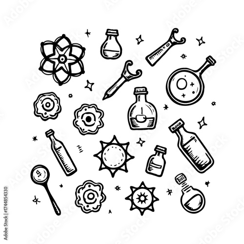 Whimsical potion ingredients and tools illustration creating an intriguing alchemy themed
