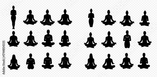 A collection of black silhouettes showing people in various yoga and meditation poses against a transparent background.
