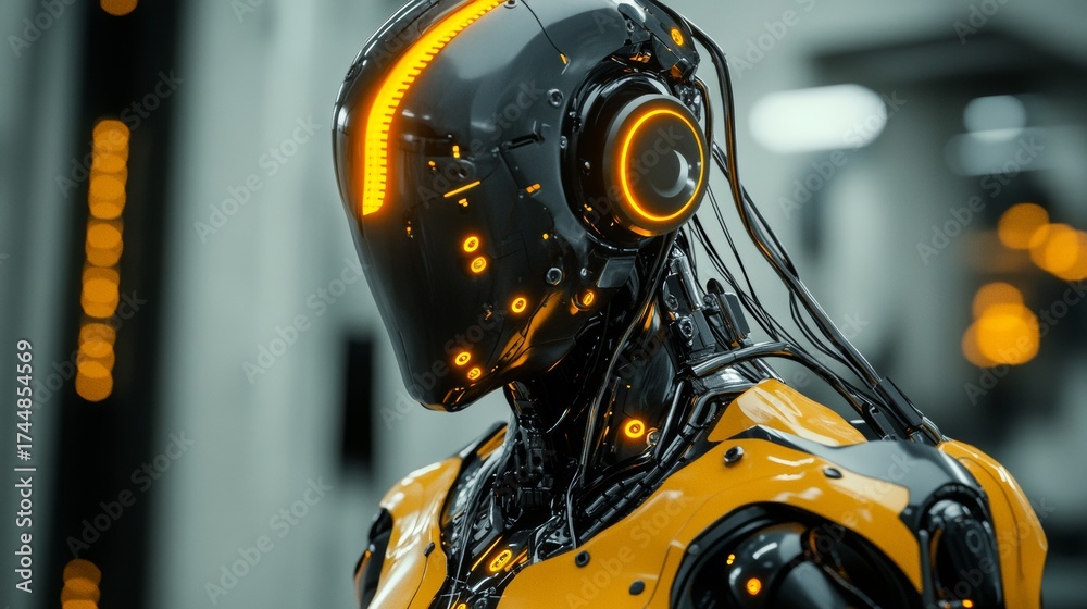 Fototapeta premium A futuristic humanoid robot in sleek yellow armor with illuminated orange helmet lights, representing advanced robotics, artificial intelligence, technology, innovation, and modern cybernetic design.
