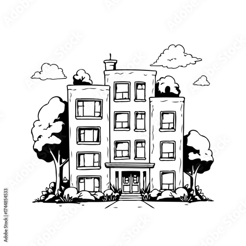 Whimsical urban dwelling an artistic sketch of a multi story residence amidst charming nature