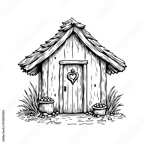 Whimsical wooden cabin illustration with heart detail a rural retreat in black and white