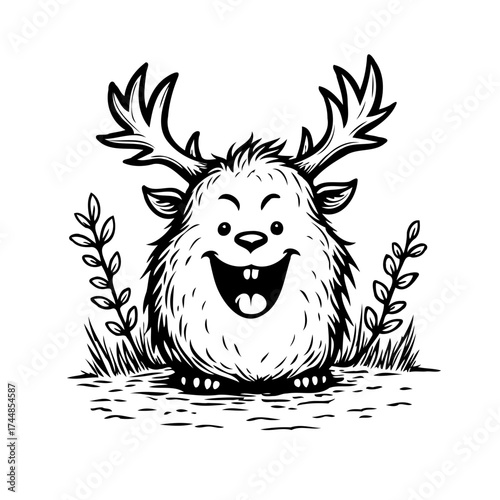 Whimsical woodland creature cartoon illustration featuring joyful smile with antlers in