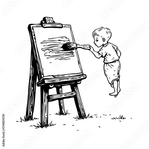 Young artist's imagination unfolds: A child's creative journey with an easel and paintbrush
