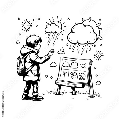 Young explorer anticipates the outdoor elements with illustrative weather forecast and seasonal