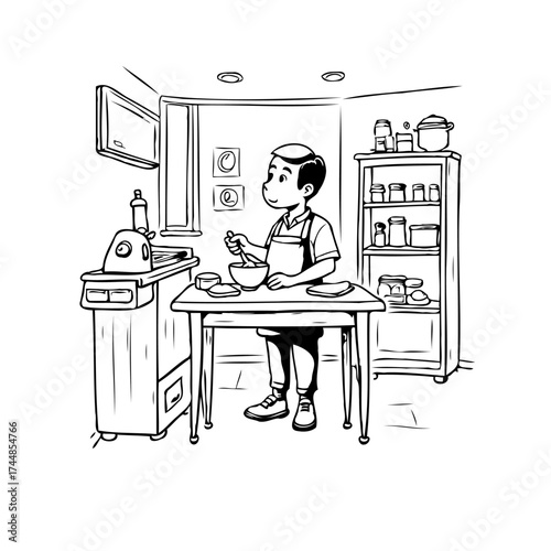 Young aspiring chef preparing a meal in a bright home kitchen displaying culinary passion and