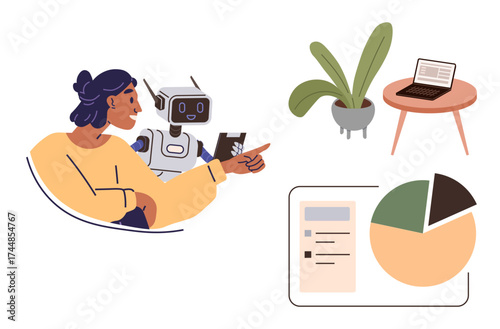 Woman working alongside robot laptop on a table, plant, data charts visible. Ideal for teamwork, technology, AI, innovation, data analysis education productivity concepts. Simple flat metaphor
