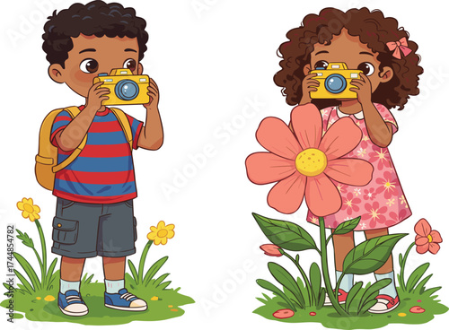 Children taking nature photos with yellow cameras, outdoor learning activity, teamwork, floral background, summer field trip, preschool photography, educational fun