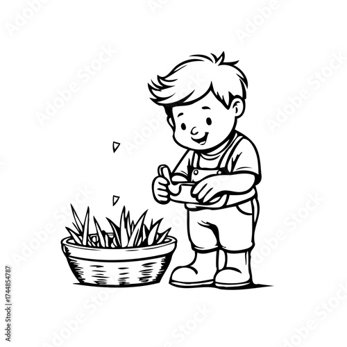 Young gardener sows seeds in a basket with grass with care and anticipation for new growth and