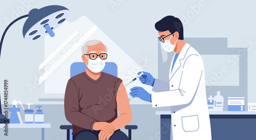 This flat design illustration shows an elderly man receiving a flu vaccination from a healthcare professional, emphasizing the importance of preventive health measures for seniors.