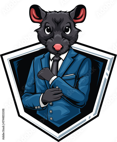 Illustration of a Rat wearing Blue Suit Office and Silver Shield in the background