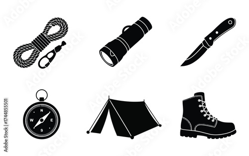 Set of 6 outdoor adventure and camping gear silhouette icons vector illustration for outdoor enthusiasts silhouette vector illustration white background