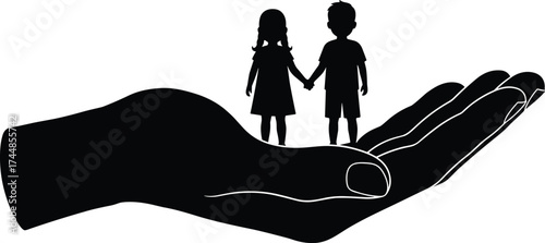 Silhouette of a large hand holding children, symbolizing protection, care, safety, support, family love, childhood security and parental responsibility concept illustration