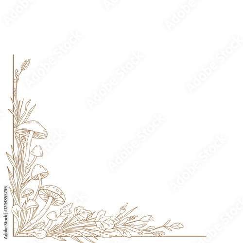 Corner text divider with brown sketch of forest mushrooms and vegetation