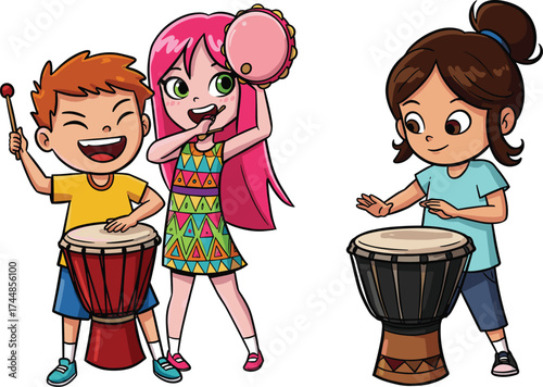 Cartoon children playing musical instruments, teamwork in music class, kids with drums and tambourine, joyful childhood, educational vector illustration
