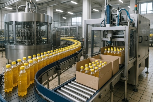 Beverage bottles move along a modern factory production line. Automated machinery precisely fills and packages drinks for distribution.