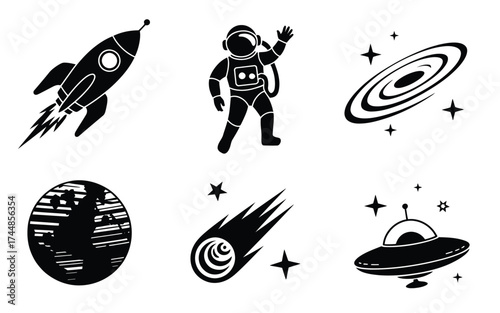 Vector silhouette set six bundle illustration space rocket astronaut planet galaxy ufo comet stars scalable eps silhouette vector illustration white background