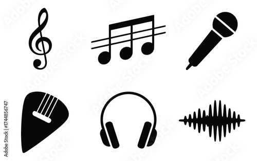 Set of 6 black silhouette music icons vector illustration scalable eps graphic design elements silhouette vector illustration white background