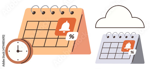 Calendar with highlighted reminder icons, bell notification, clock, and cloud outline. Ideal for scheduling, productivity, reminders, events organization planning and digital organization. Flat