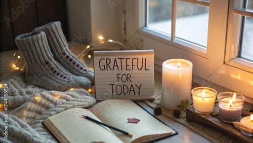 Cozy home setting with candles, knitted socks, and gratitude sign creating a warm atmosphere for reflection and mindfulness