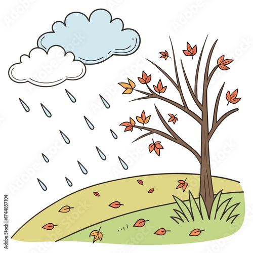 Autumn scene with a bare tree losing its colorful leaves during a gentle rain shower on a grassy hill