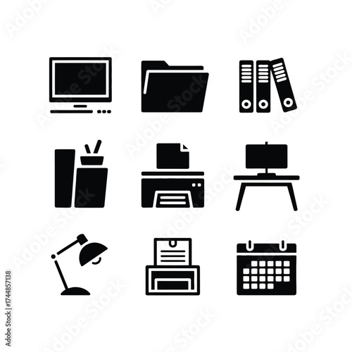 Set of 9 office supplies icons vector graphics scalable eps illustration for business and workspace silhouette vector illustration white background