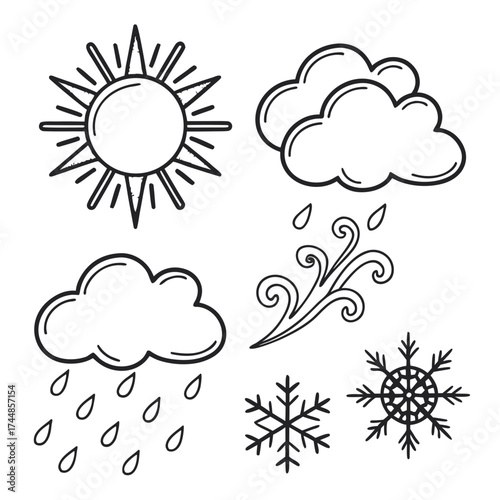 Collection of hand drawn weather icons including sun clouds rain wind and snowflakes isolated on white background