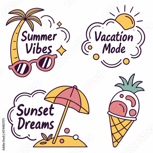 Collection of cute summer icons featuring a palm tree sunglasses vacation mode sun ice cream and beach umbrella