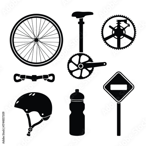 Black silhouette set of bicycle components and cycling accessories vector illustration eps bundle silhouette vector illustration white background
