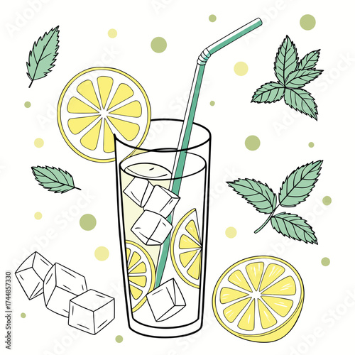 Refreshing hand drawn illustration of a tall glass filled with ice cubes lemon slices and mint leaves