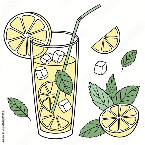 Refreshing glass of lemonade with ice cubes lemon slices mint leaves and a straw