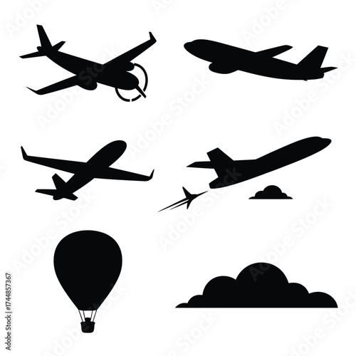Set of 6 silhouette illustrations featuring airplanes hot air balloon and clouds vector graphics scalable eps icon silhouette vector illustration white background
