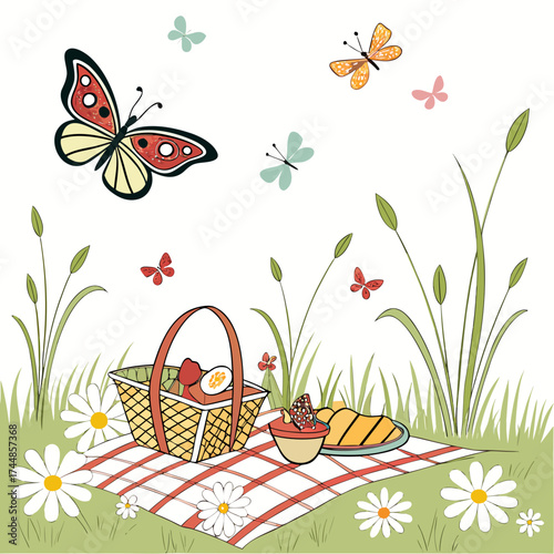 Charming illustration of a delightful picnic scene with a basket of food flowers and colorful butterflies fluttering in the breeze
